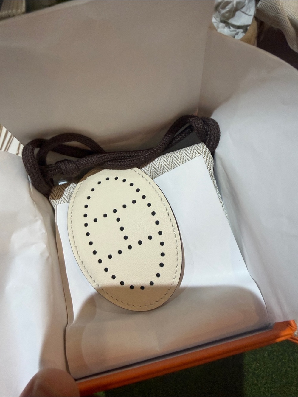 Hermes Cream Leather Hair Accessory with Perforated Logo